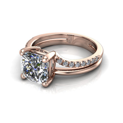 Fiona cushion solitaire engagement ring in 18K Rose Gold, three-quarter perspective showing the cushion center diamond above a split dual-line band