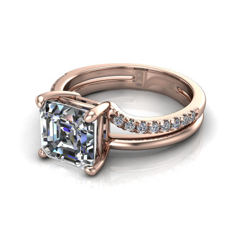 Fiona square emerald solitaire engagement ring in 14K Rose Gold, three-quarter perspective showing the square emerald center diamond above a split dual-line band
