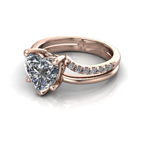 Fiona heart solitaire engagement ring in 18K Rose Gold, three-quarter perspective showing the heart center diamond above a split dual-line band