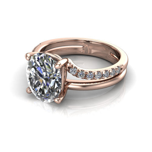 Fiona oval solitaire engagement ring in 18K Rose Gold, three-quarter perspective showing the oval center diamond above a split dual-line band