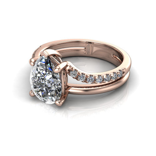 Fiona pear solitaire engagement ring in 18K Rose Gold, three-quarter perspective showing the pear center diamond above a split dual-line band