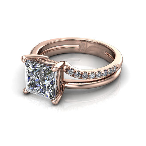 Fiona princess solitaire engagement ring in 18K Rose Gold, three-quarter perspective showing the princess center diamond above a split dual-line band