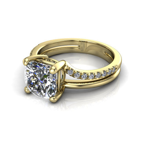 Fiona cushion solitaire engagement ring in 18K Yellow Gold, three-quarter perspective showing the cushion center diamond above a split dual-line band