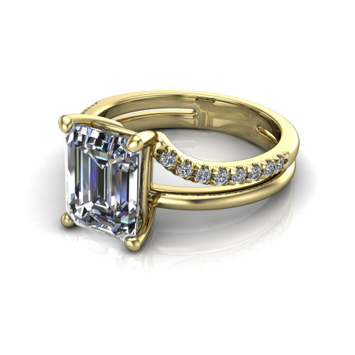 Fiona emerald solitaire engagement ring in 14K Yellow Gold, three-quarter perspective showing the emerald center diamond above a split dual-line band