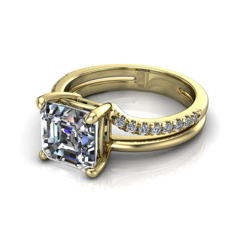 Fiona square emerald solitaire engagement ring in 14K Yellow Gold, three-quarter perspective showing the square emerald center diamond above a split dual-line band