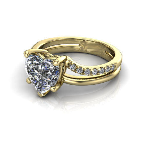 Fiona heart solitaire engagement ring in 18K Yellow Gold, three-quarter perspective showing the heart center diamond above a split dual-line band