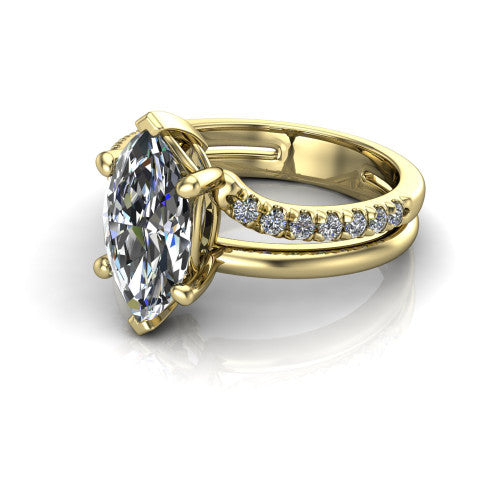 Fiona marquise solitaire engagement ring in 18K Yellow Gold, three-quarter perspective showing the marquise center diamond above a split dual-line band