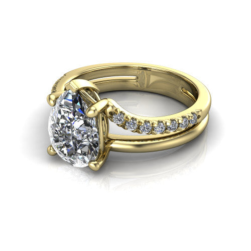 Fiona pear solitaire engagement ring in 14K Yellow Gold, three-quarter perspective showing the pear center diamond above a split dual-line band