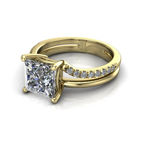 Fiona princess solitaire engagement ring in 14K Yellow Gold, three-quarter perspective showing the princess center diamond above a split dual-line band