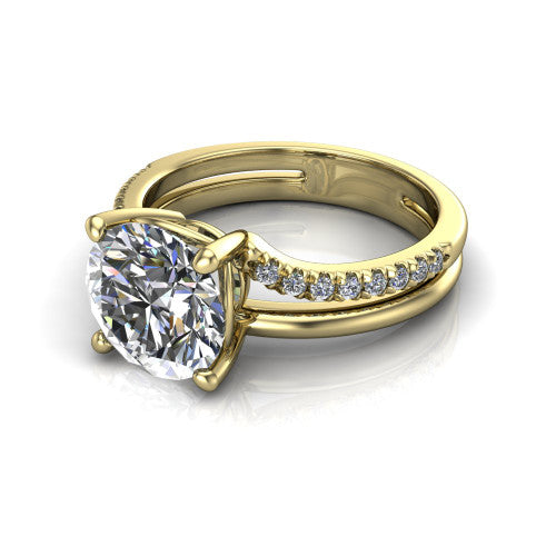 Fiona round solitaire engagement ring in 14K Yellow Gold, three-quarter perspective showing the round center diamond above a split dual-line band