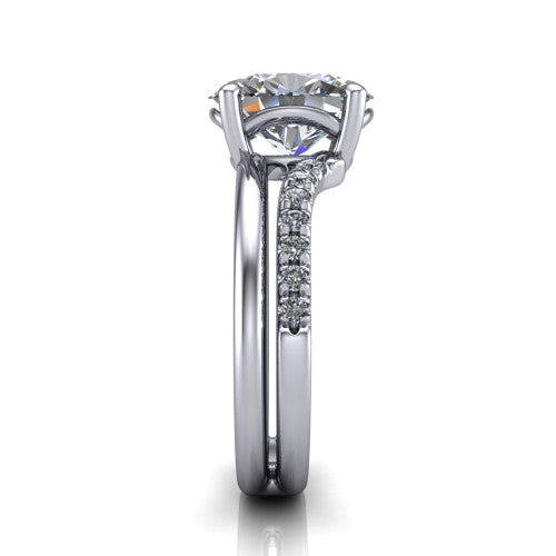 Fiona oval solitaire engagement ring in 14K White Gold, side profile showing the pave and polished dual-line shank