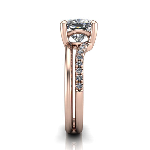 Fiona cushion solitaire engagement ring in 14K Rose Gold, side profile showing the pave and polished dual-line shank