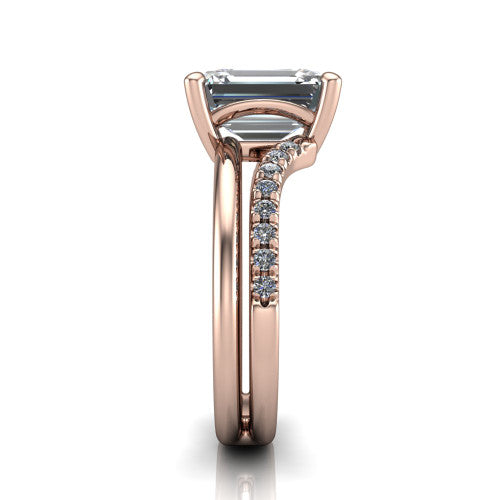 Fiona emerald solitaire engagement ring in 18K Rose Gold, side profile showing the pave and polished dual-line shank