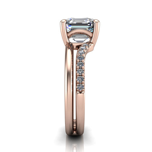 Fiona square emerald solitaire engagement ring in 14K Rose Gold, side profile showing the pave and polished dual-line shank