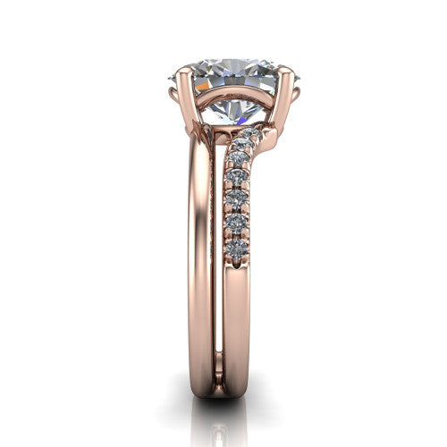 Fiona oval solitaire engagement ring in 18K Rose Gold, side profile showing the pave and polished dual-line shank