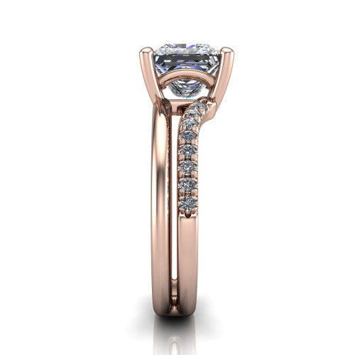 Fiona princess solitaire engagement ring in 18K Rose Gold, side profile showing the pave and polished dual-line shank