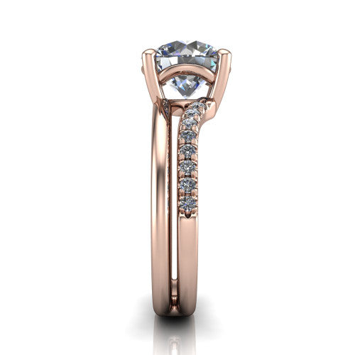 Fiona round solitaire engagement ring in 18K Rose Gold, side profile showing the pave and polished dual-line shank