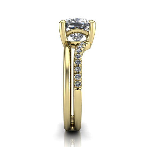 Fiona cushion solitaire engagement ring in 18K Yellow Gold, side profile showing the pave and polished dual-line shank