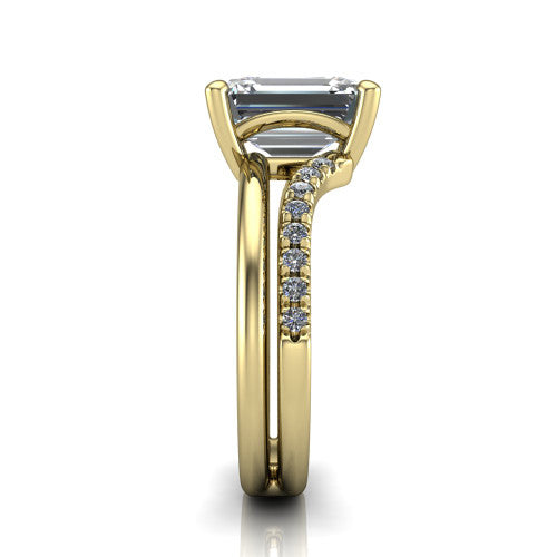 Fiona emerald solitaire engagement ring in 14K Yellow Gold, side profile showing the pave and polished dual-line shank