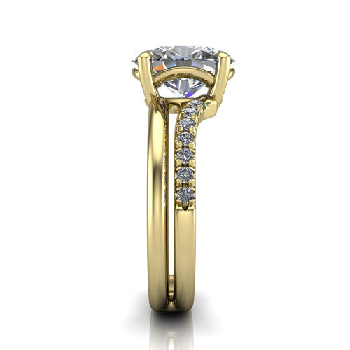 Fiona oval solitaire engagement ring in 14K Yellow Gold, side profile showing the pave and polished dual-line shank