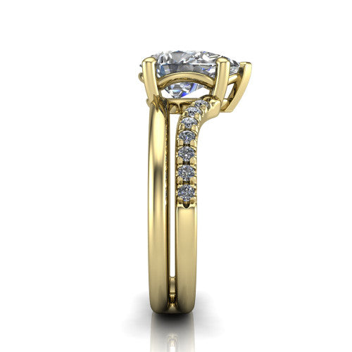Fiona pear solitaire engagement ring in 18K Yellow Gold, side profile showing the pave and polished dual-line shank