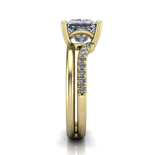 Fiona princess solitaire engagement ring in 14K Yellow Gold, side profile showing the pave and polished dual-line shank