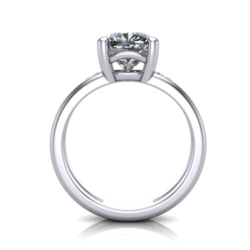 Fiona cushion solitaire engagement ring in 18K White Gold, through-finger front profile showing the open cathedral basket
