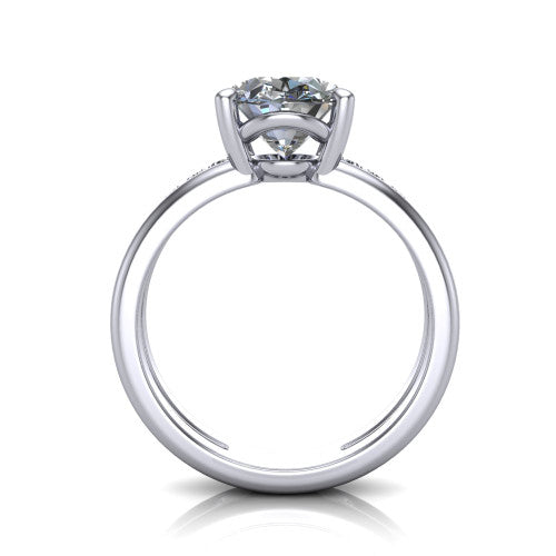 Fiona oval solitaire engagement ring in Platinum, through-finger front profile showing the open cathedral basket