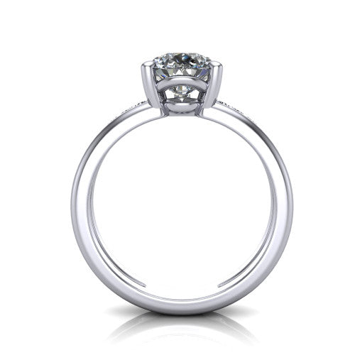 Fiona pear solitaire engagement ring in 14K White Gold, through-finger front profile showing the open cathedral basket