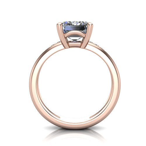 Fiona emerald solitaire engagement ring in 18K Rose Gold, through-finger front profile showing the open cathedral basket