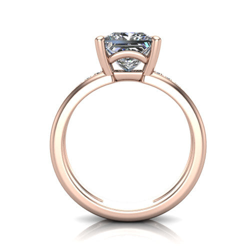 Fiona princess solitaire engagement ring in 18K Rose Gold, through-finger front profile showing the open cathedral basket