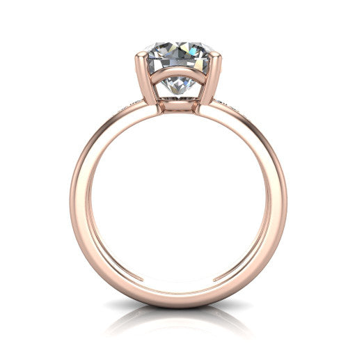 Fiona round solitaire engagement ring in 18K Rose Gold, through-finger front profile showing the open cathedral basket
