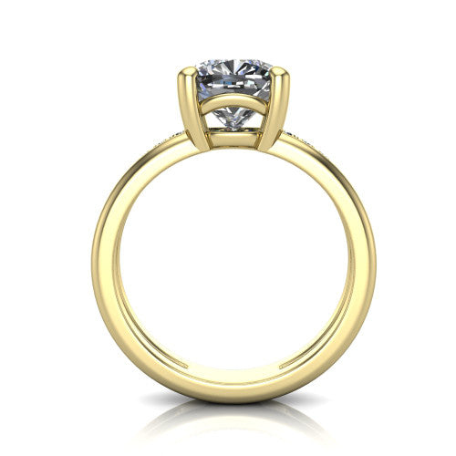Fiona cushion solitaire engagement ring in 14K Yellow Gold, through-finger front profile showing the open cathedral basket