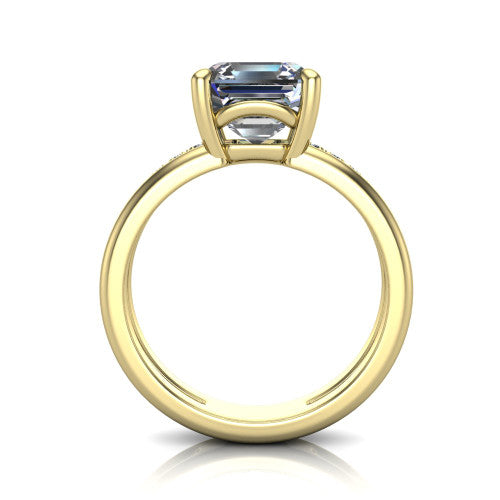 Fiona square emerald solitaire engagement ring in 14K Yellow Gold, through-finger front profile showing the open cathedral basket