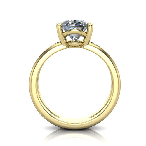 Fiona oval solitaire engagement ring in 18K Yellow Gold, through-finger front profile showing the open cathedral basket
