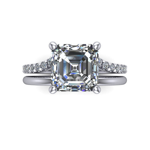 Fiona square emerald solitaire engagement ring in Platinum, top-down view showing the four-prong square emerald center diamond