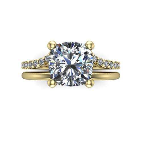 Fiona cushion solitaire engagement ring in 14K Yellow Gold, top-down view showing the four-prong cushion center diamond