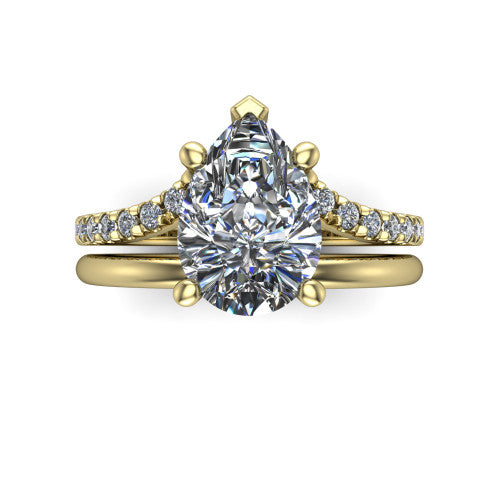 Fiona pear solitaire engagement ring in 18K Yellow Gold, top-down view showing the four-prong pear center diamond