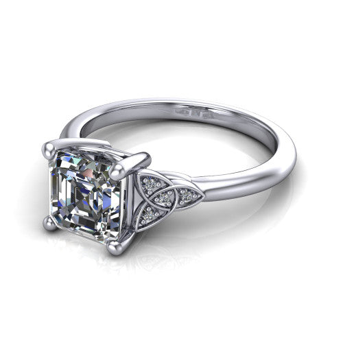 Lilith square emerald solitaire engagement ring in 14K White Gold, three-quarter perspective showing the square emerald center diamond with Celtic knot shoulders
