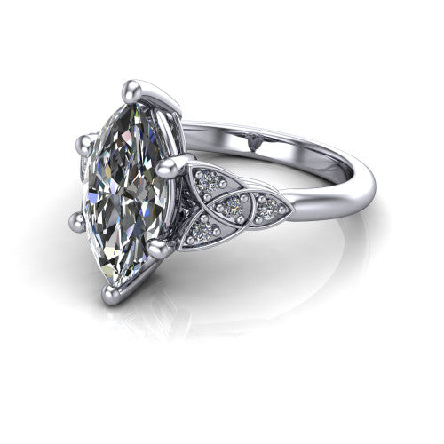 Lilith marquise solitaire engagement ring in 14K White Gold, three-quarter perspective showing the marquise center diamond with Celtic knot shoulders