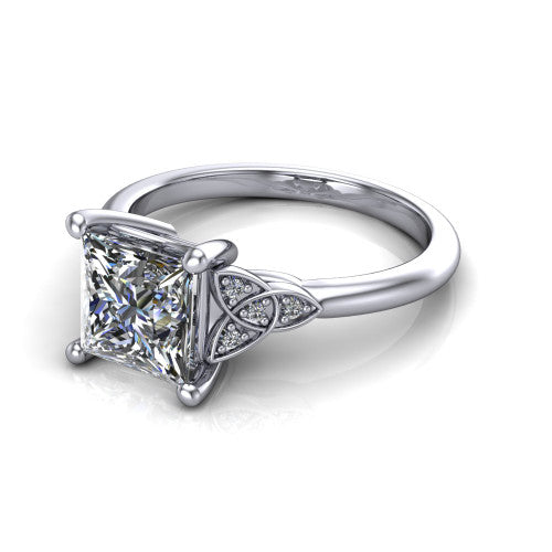 Lilith princess solitaire engagement ring in Platinum, three-quarter perspective showing the princess center diamond with Celtic knot shoulders