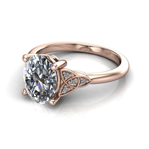 Lilith oval solitaire engagement ring in 14K Rose Gold, three-quarter perspective showing the oval center diamond with Celtic knot shoulders