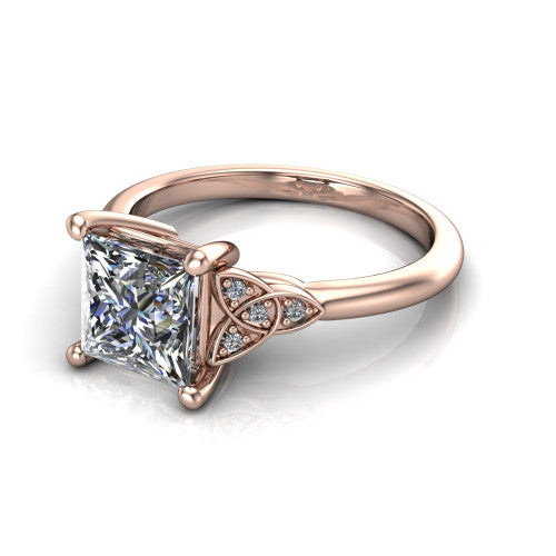 Lilith princess solitaire engagement ring in 14K Rose Gold, three-quarter perspective showing the princess center diamond with Celtic knot shoulders