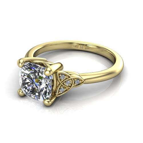 Lilith cushion solitaire engagement ring in 18K Yellow Gold, three-quarter perspective showing the cushion center diamond with Celtic knot shoulders