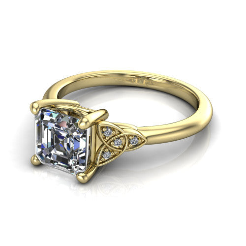 Lilith square emerald solitaire engagement ring in 18K Yellow Gold, three-quarter perspective showing the square emerald center diamond with Celtic knot shoulders