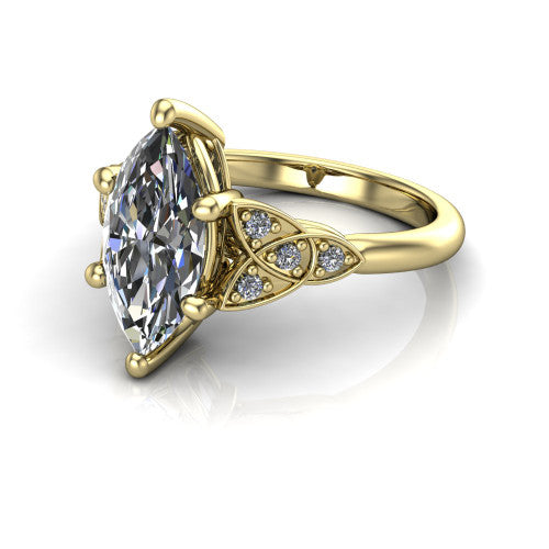 Lilith marquise solitaire engagement ring in 18K Yellow Gold, three-quarter perspective showing the marquise center diamond with Celtic knot shoulders