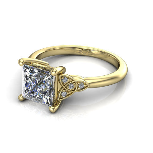 Lilith princess solitaire engagement ring in 18K Yellow Gold, three-quarter perspective showing the princess center diamond with Celtic knot shoulders