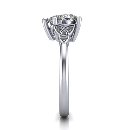 Lilith heart solitaire engagement ring in 18K White Gold, side profile showing the Celtic trinity knot accent and polished band