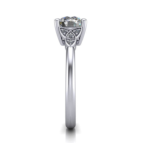 Lilith round solitaire engagement ring in 14K White Gold, side profile showing the Celtic trinity knot accent and polished band