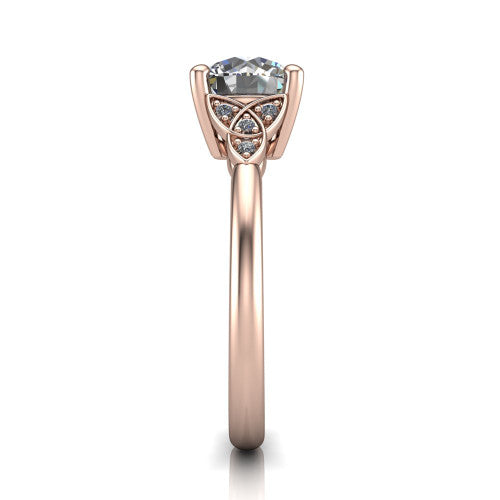 Lilith round solitaire engagement ring in 18K Rose Gold, side profile showing the Celtic trinity knot accent and polished band